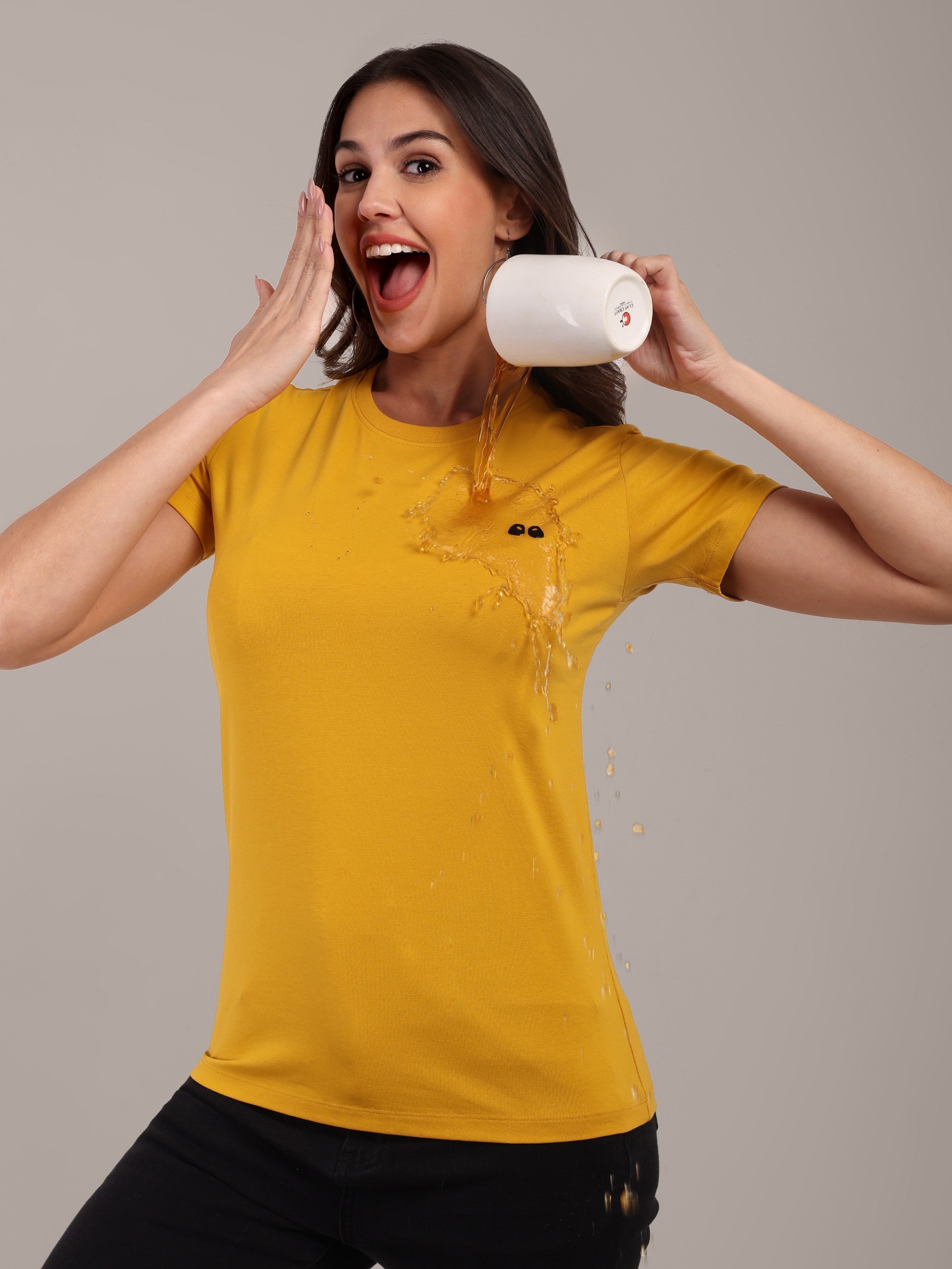 Woman Mustard Anti-Stain Cotton Round-Neck T-Shirt
