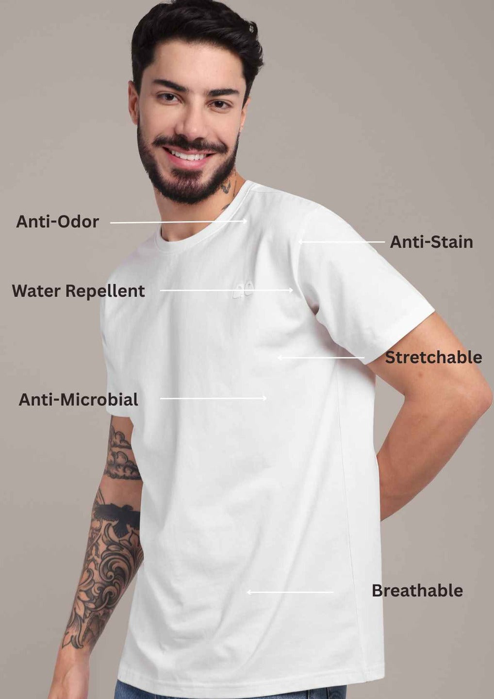 Men's White Anti-Stain Cotton Round Neck T-Shirt