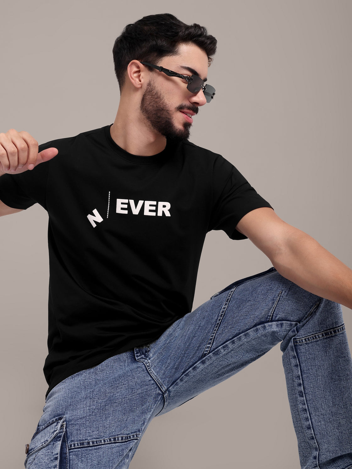 Men's Black Printed Anti-Stain Cotton Round-Neck T-Shirt