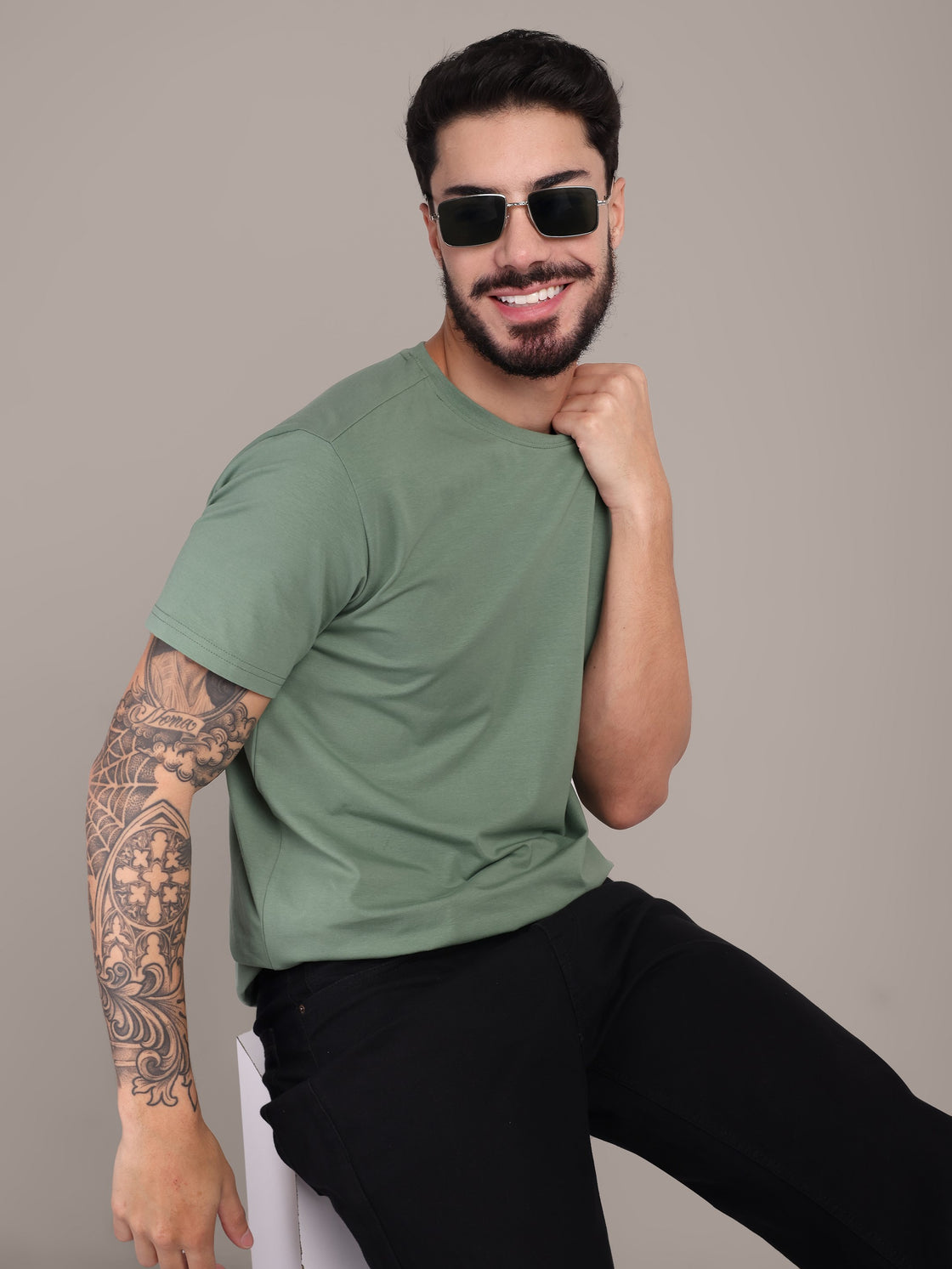 Men's Green Anti-Stain Cotton Round Neck T-Shirt
