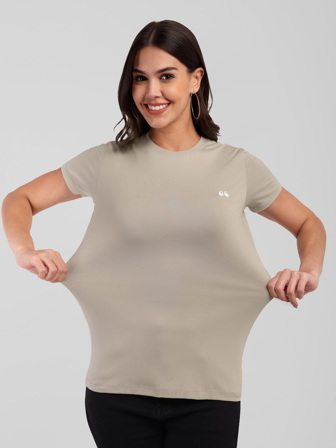 Woman Cement Gray Anti-Stain Cotton Round-Neck T-Shirt
