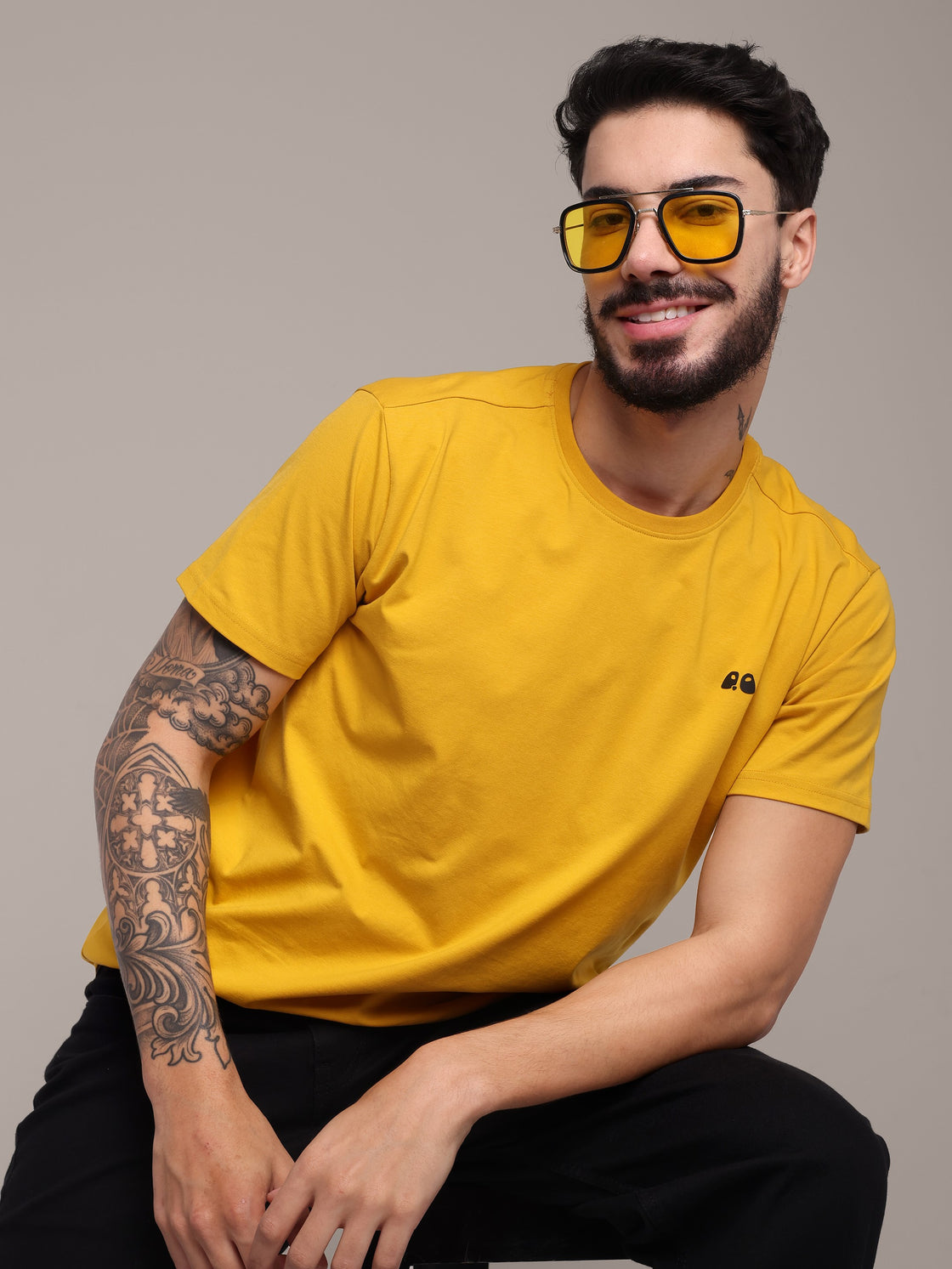 Men's Mustard Anti-Stain Cotton Round Neck T-Shirt