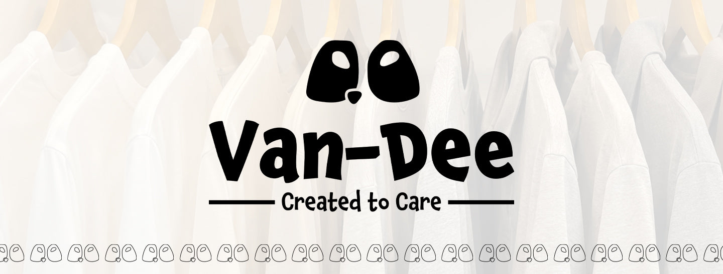 A black printed Van-Dee logo and slogan reading 'Created to Care' over a faded background of hanging white shirts, with a repeating small logo border along the bottom.