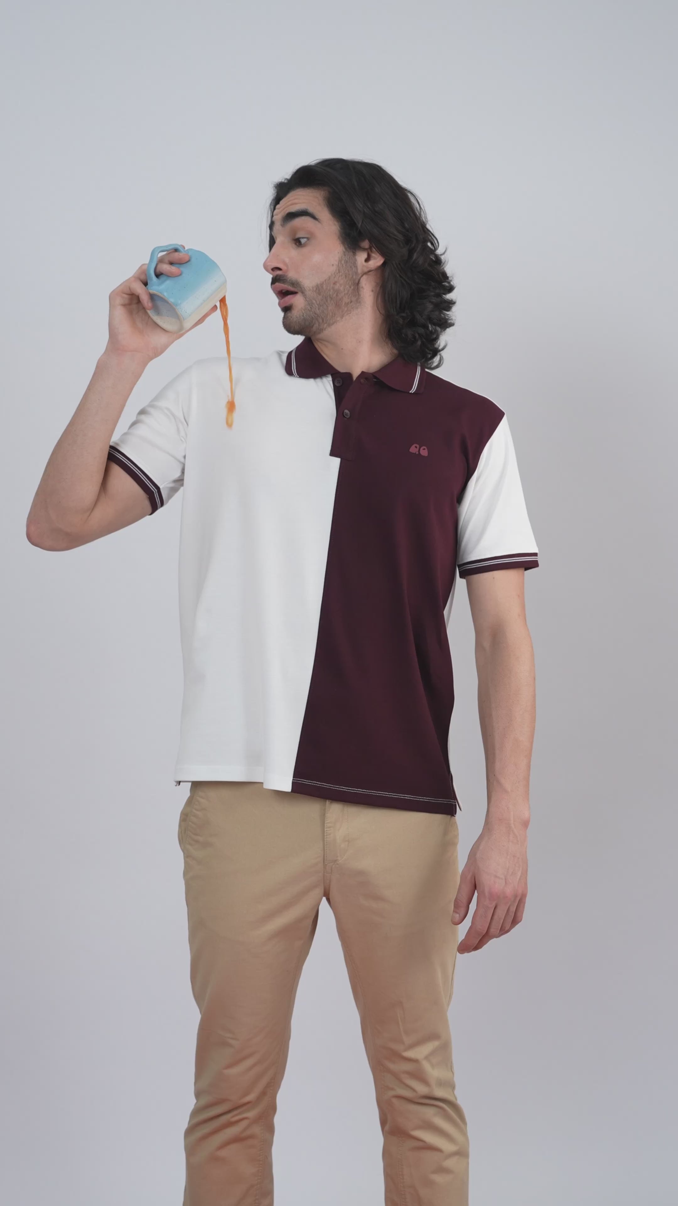 Men's Organic Cotton Polo T-Shirt with Anti Stain, Anti-Microbial Protection, Stain-Release - Care Finish White and Wine
