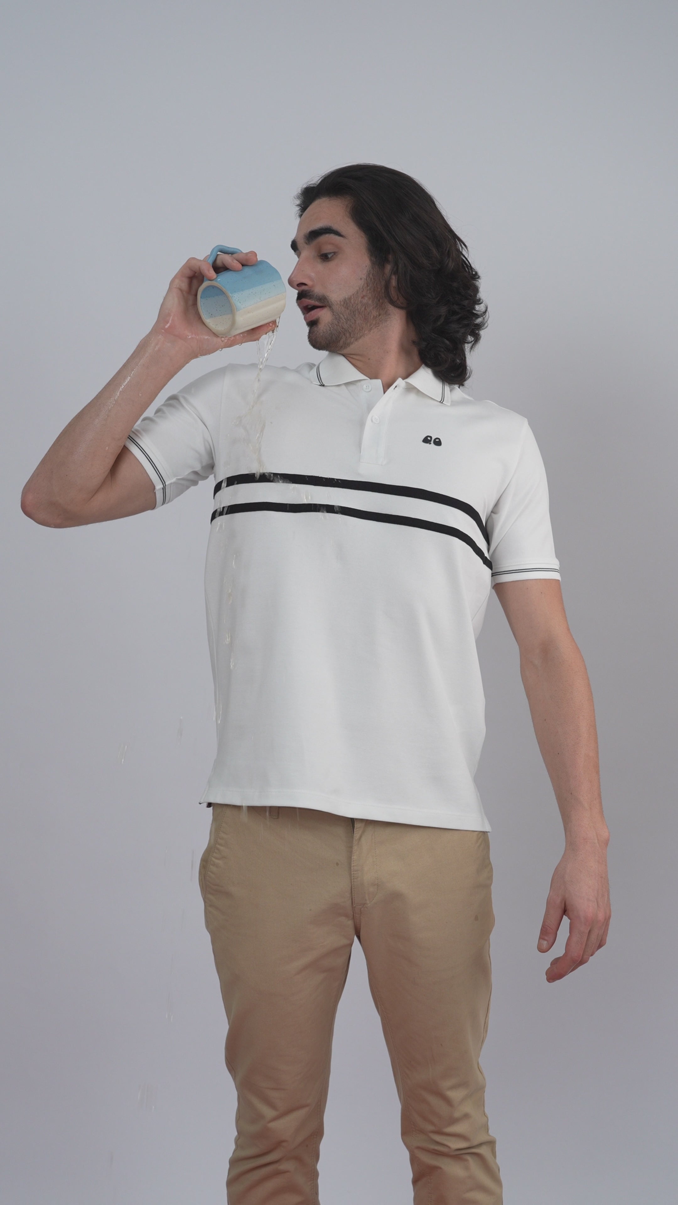 Men's  - White double-stripe Organic Cotton Polo T-Shirt with Anti Stain, Anti-Microbial Protection.