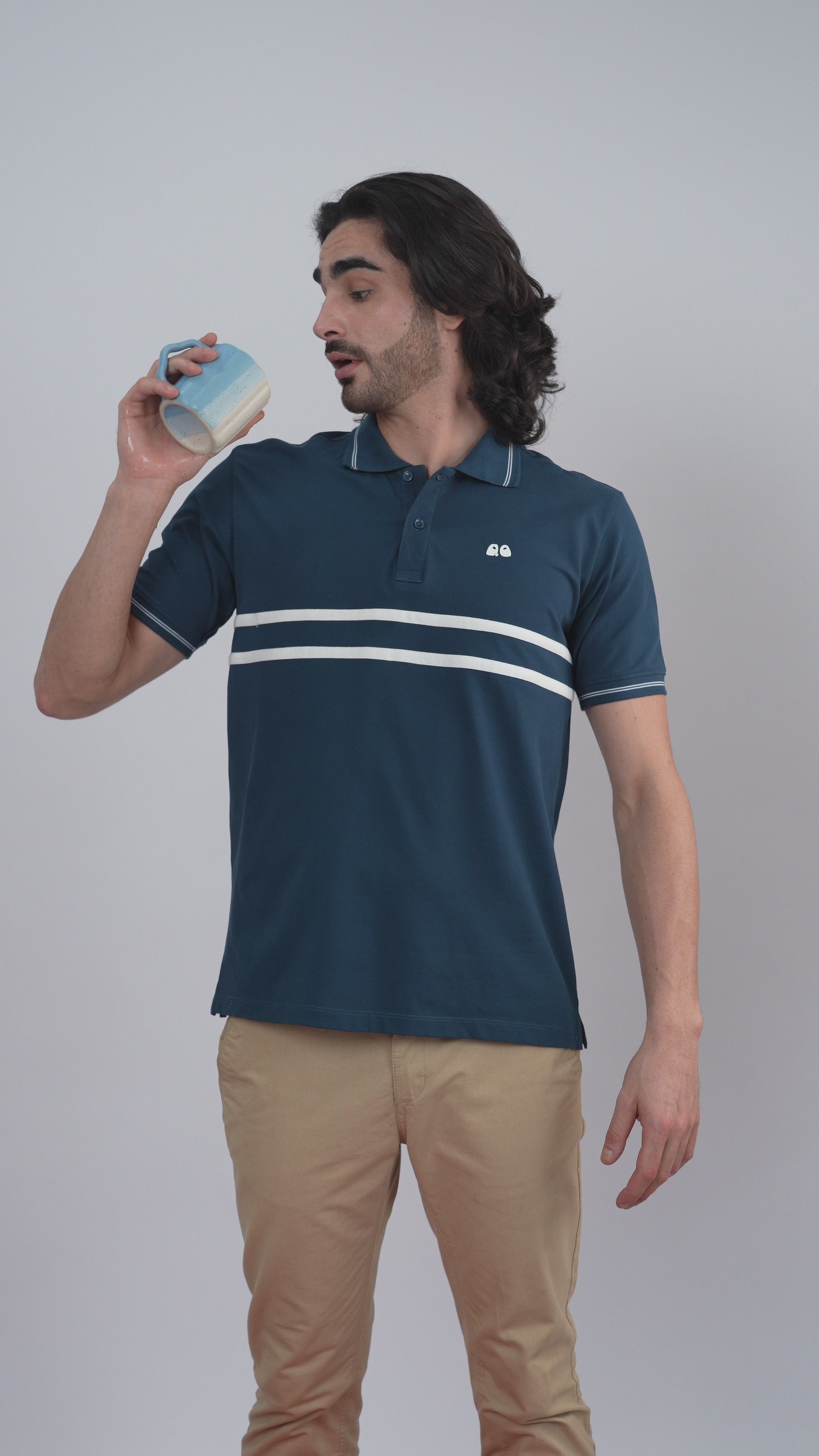 Men's  - Blue double-stripe Organic Cotton Polo T-Shirt with Anti Stain, Anti-Microbial Protection.