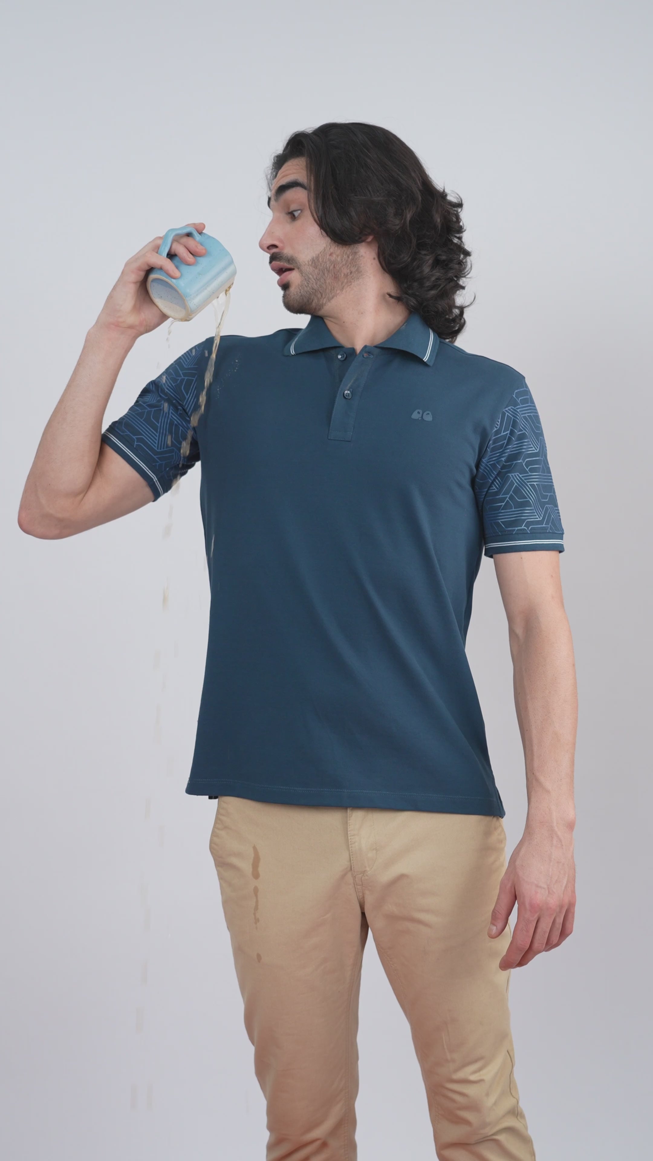 Men's Sleeve Printed Blue Organic Cotton Polo T-Shirt with Anti Stain, Anti Microbial Protection.