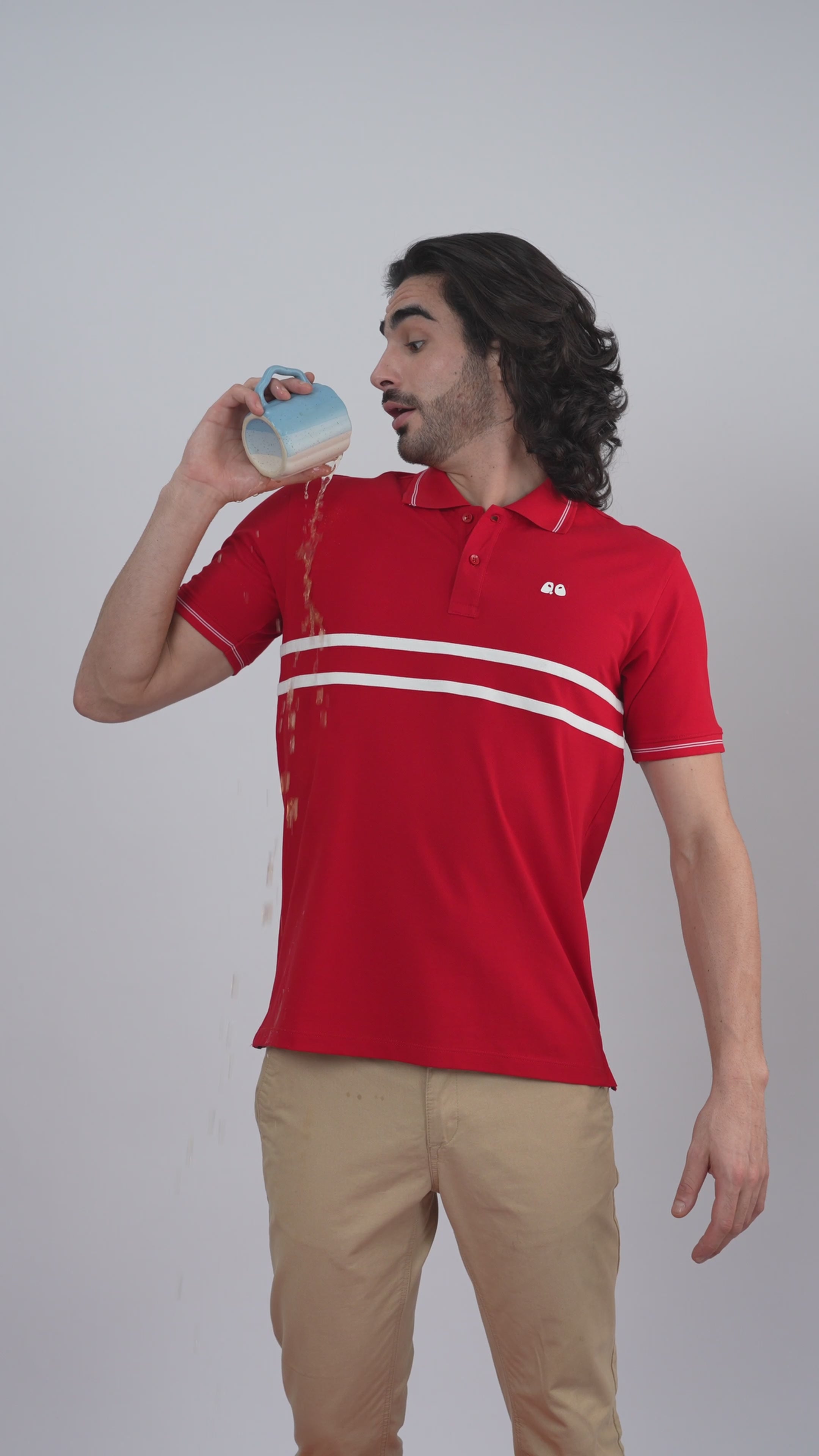 Men's  - Red double-stripe Organic Cotton Polo T-Shirt with Anti Stain, Anti-Microbial Protection.